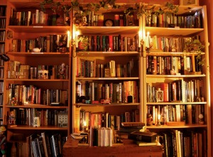 A bookshelf with books. And plants.